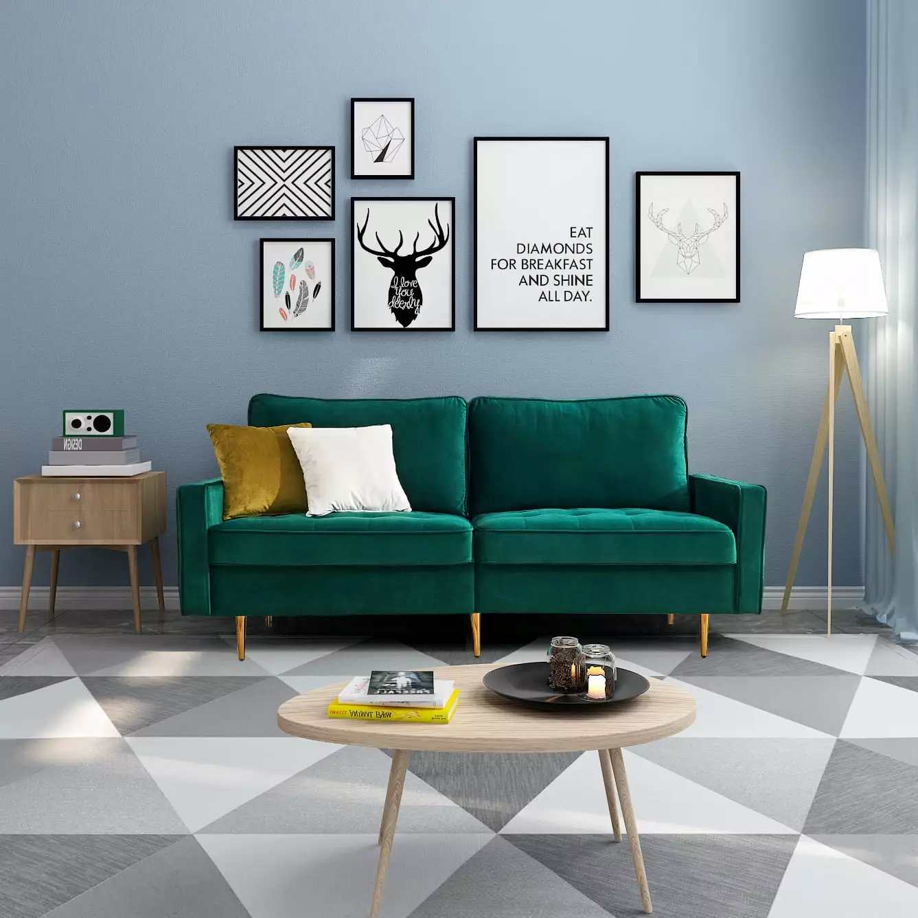 70 Inch Modern Button Tufted Sofa 2 Throw Pillows Living Room Emerald CNCJ