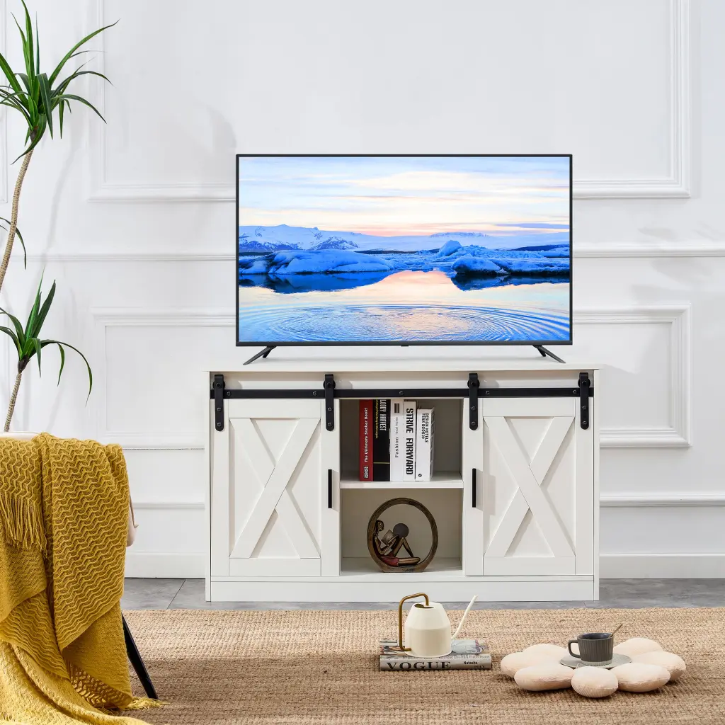 White Decorative Wooden TV Storage Cabinet Two Sliding Barn Doors rnb