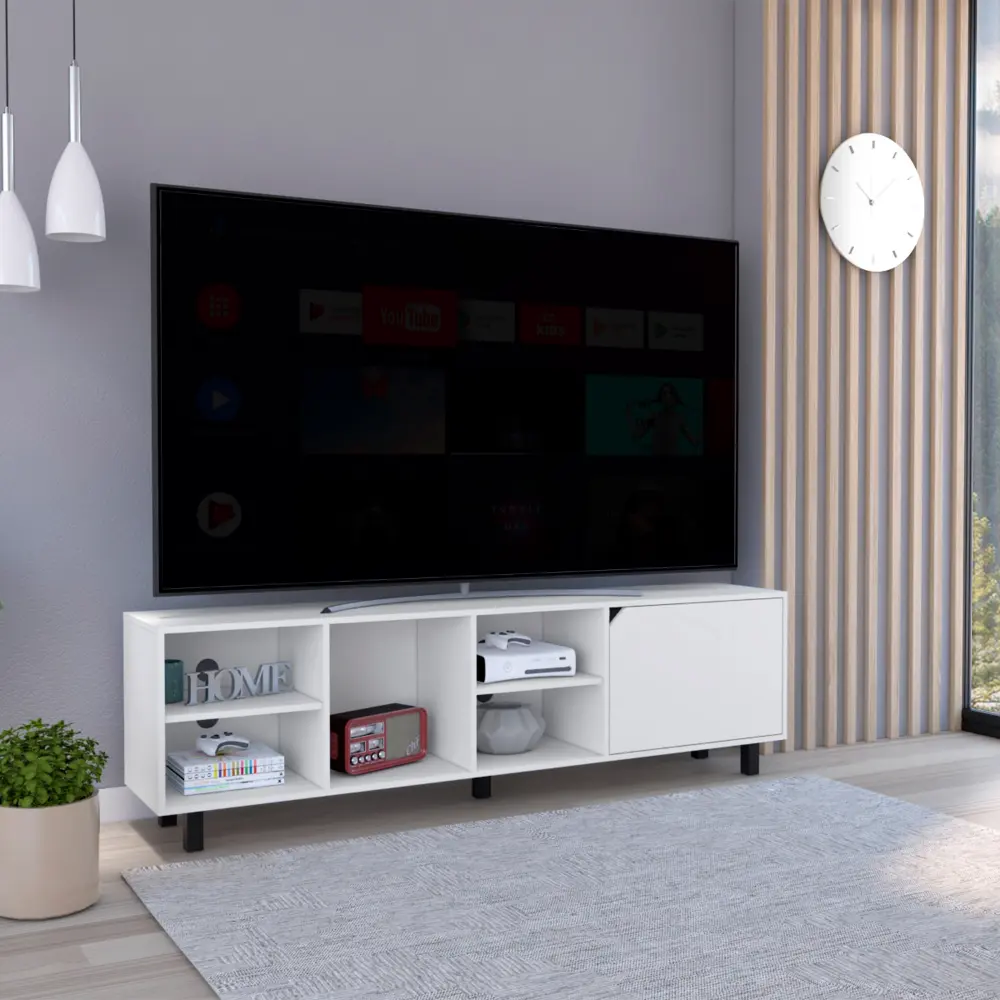 Conquest TV Stand TVs Up To 70 Inches Four Open Shelves Five Legs White Modern Entertainment Center depot e-shop