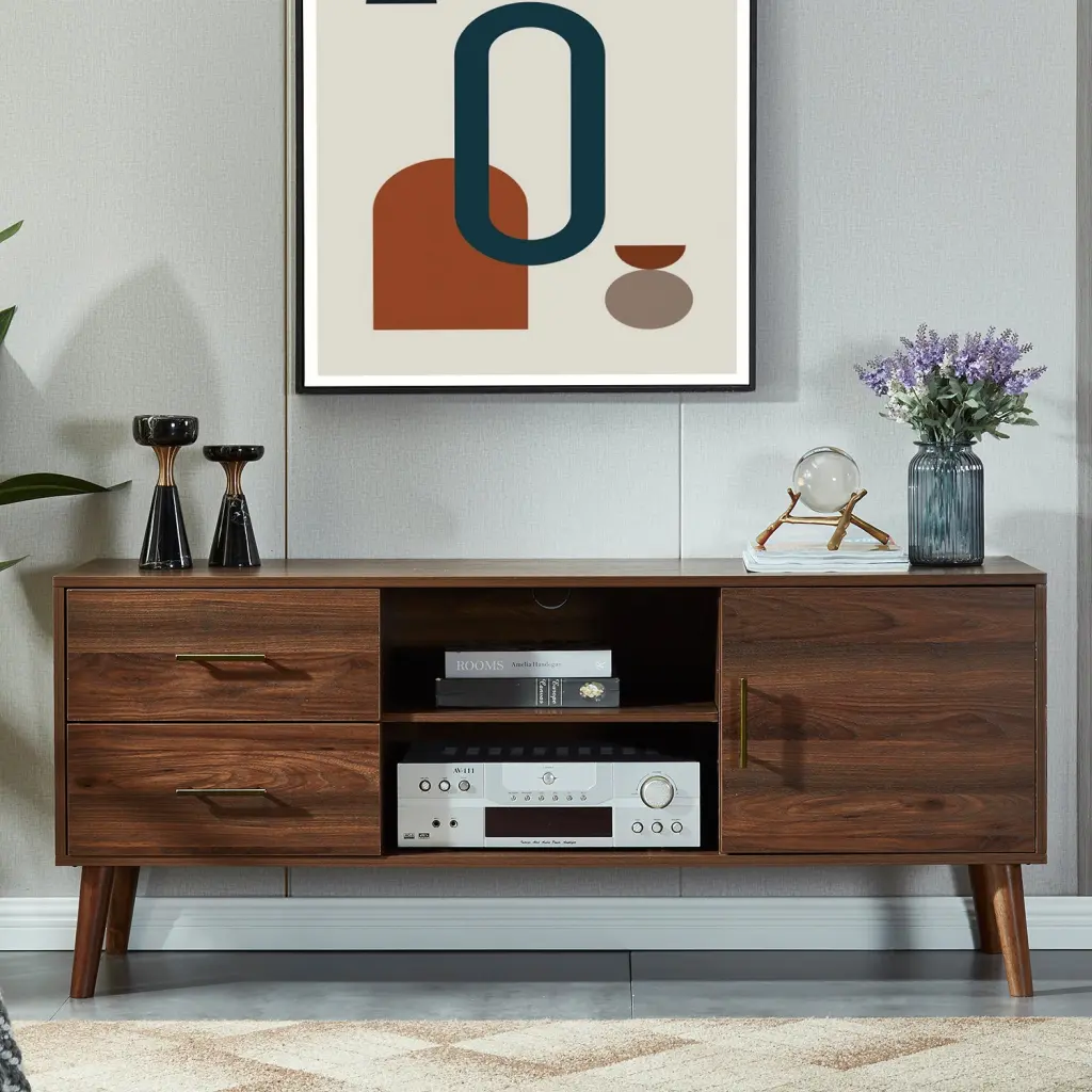 55 Inch TV Stand Walnut MDF Media Console Storage Shelves jaydenmax