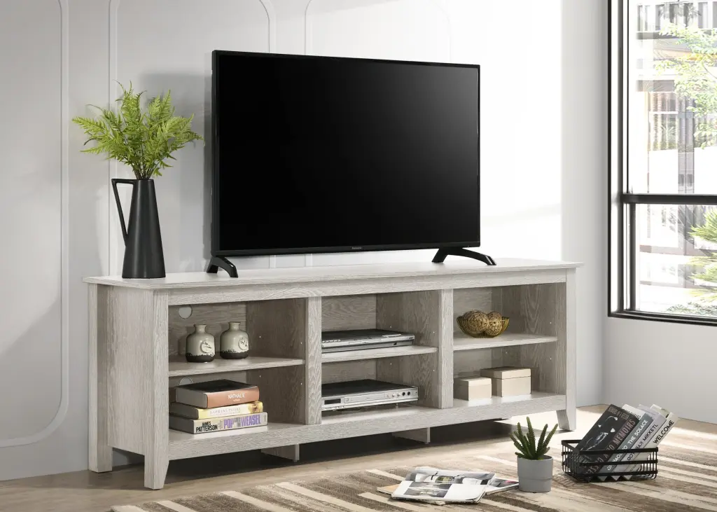 Benito Dusty Gray 70 Inch Wide TV Stand Open Shelves and Cable Management lilola home