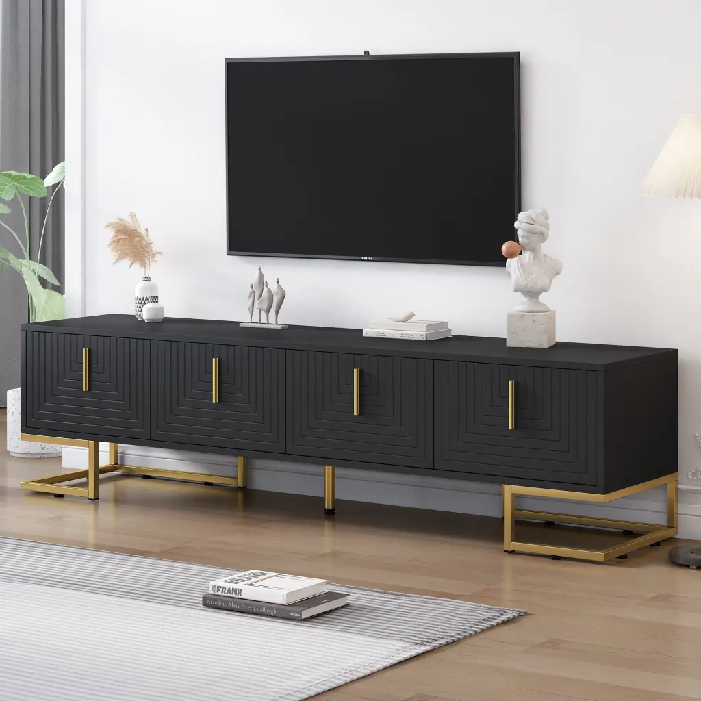 Modern TV Stand Metal Legs and Gold Handles TVs Up to 80 Inches rnb