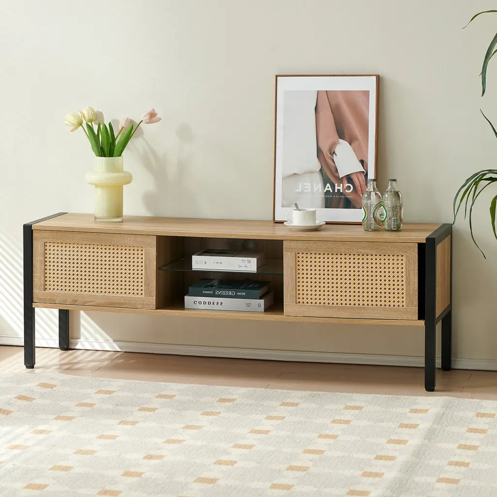 54.33" Rattan TV Cabinet Variable Color Light Strip Double Sliding Doors sya furniture