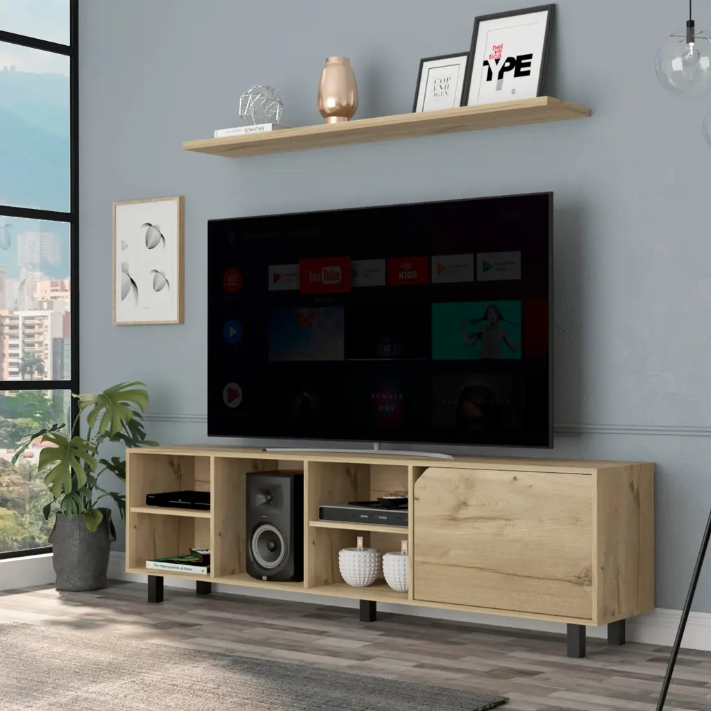 Valdivia Tv Stand Tvs Up To 70 Four Open Shelves Five Legs Light Wood tuhome