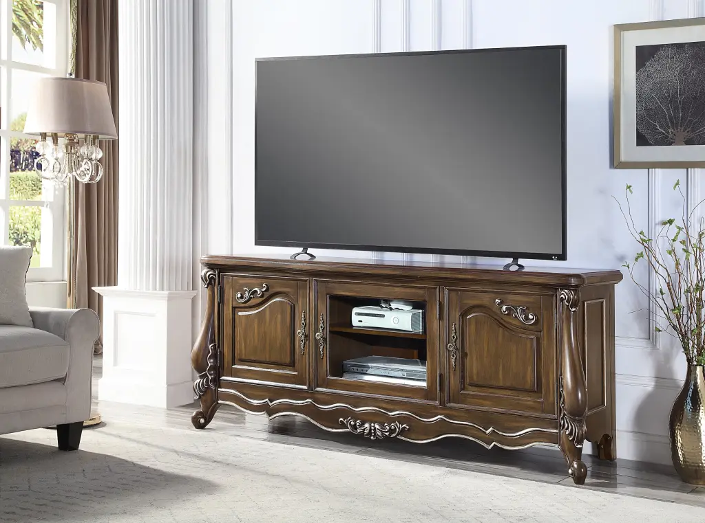 Latisha TV Stand Antique Oak Finish LV01413 Oak Solid Wood MDF Entertainment Center acme onsite store