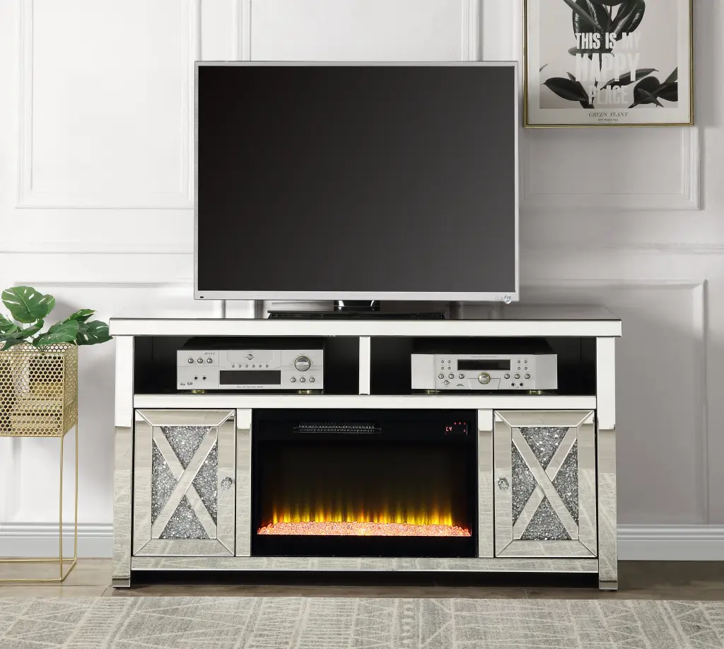 Noralie Tv Stand Fireplace Mirrored Faux Diamonds Silver Modern acme onsite store