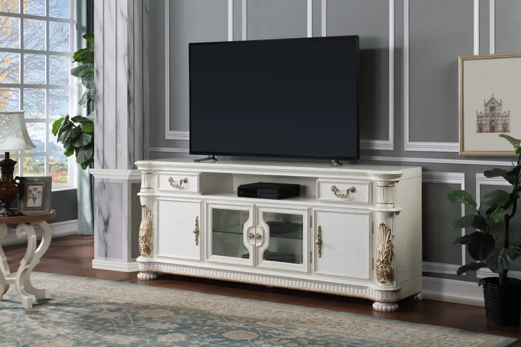 Vendome TV Stand Antique Pearl Finish White 80-89 Inches Wood acme onsite store