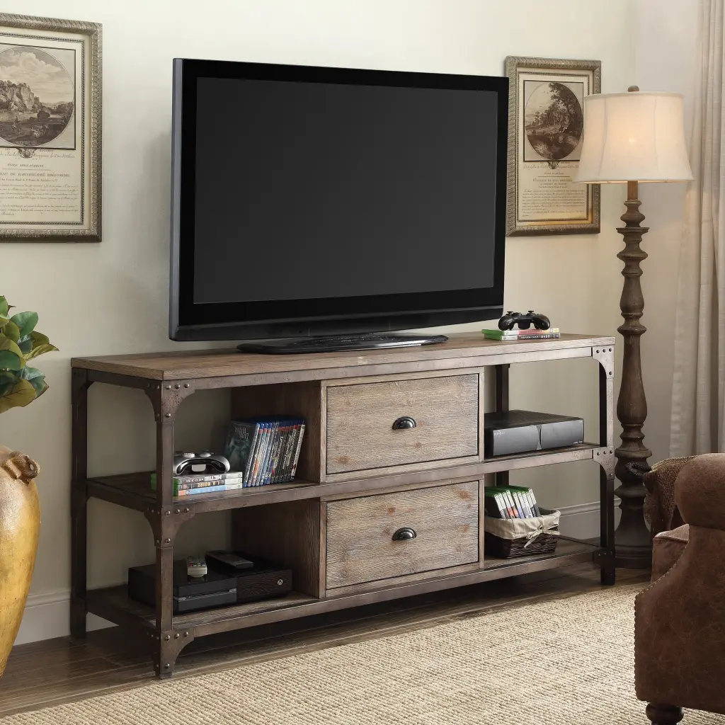 Weathered Oak And Antique Silver 4 Shelf TV Stand 55 Inches furniture max