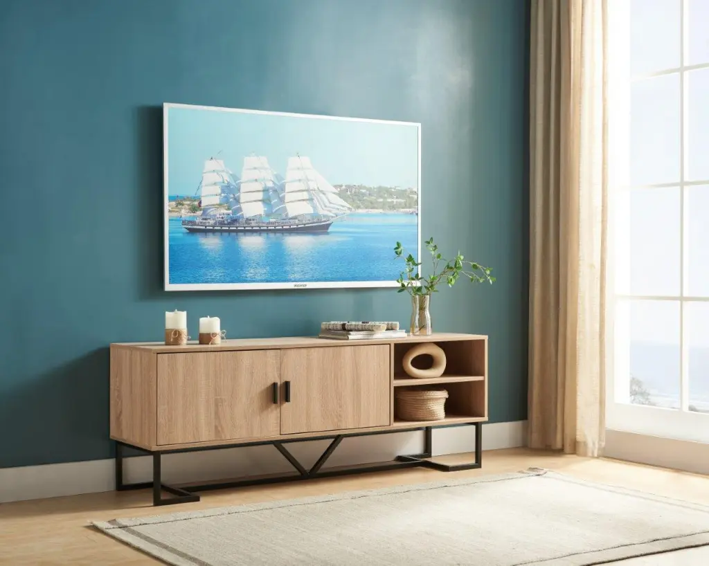TV Stand Two Door Cabinet Two Open Shelves Metal Legs id international- inc.
