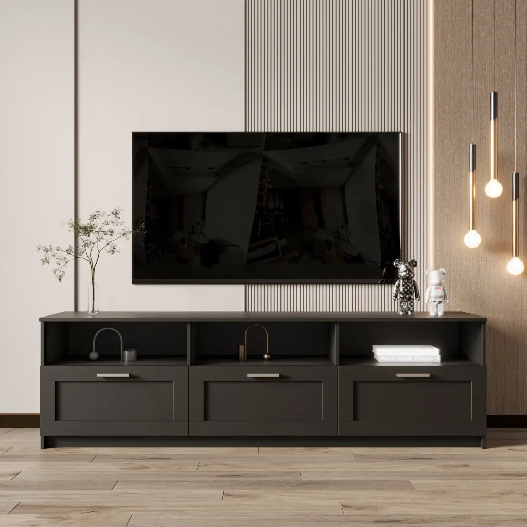 Black Modern Minimalist TV Cabinet 80 Inch TV Stand Open Locker Living Room Furniture joysource furniture