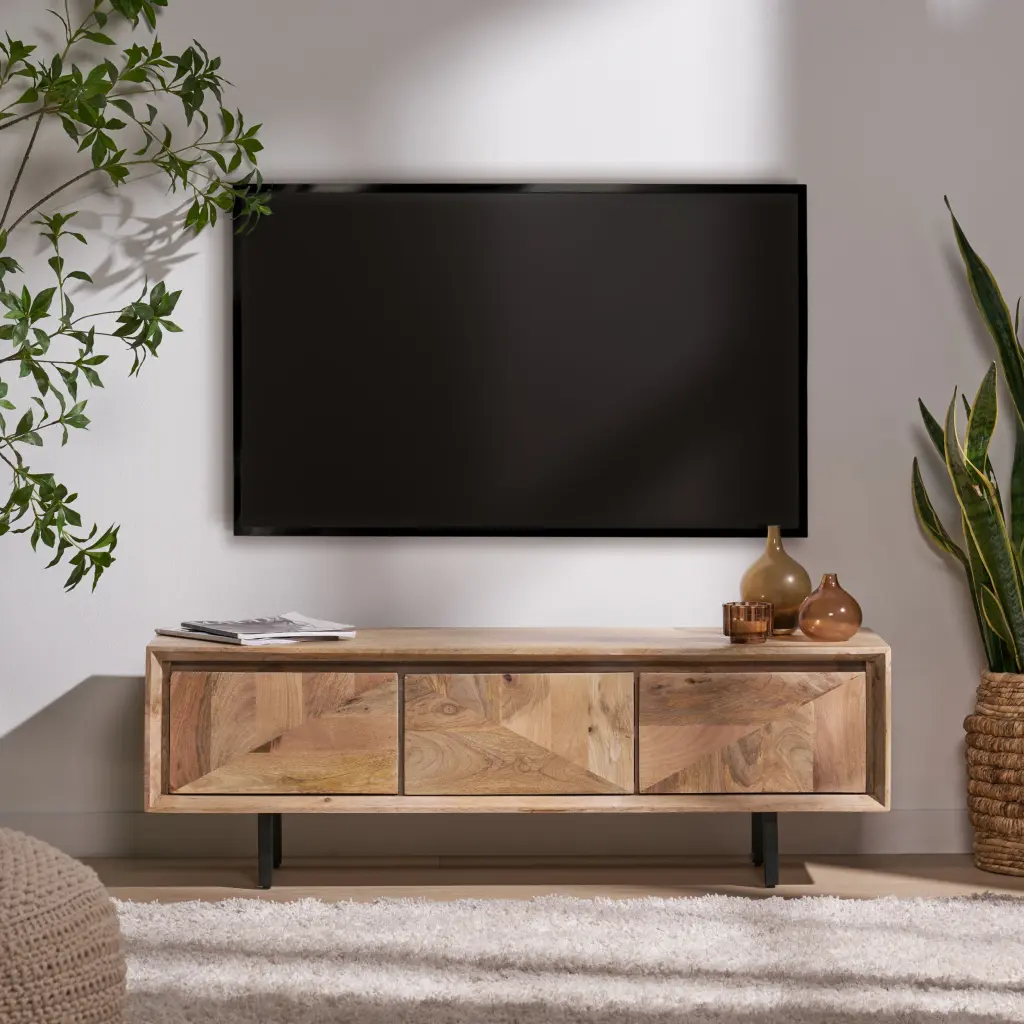 Wooden Iron TV Stand Natural 50-59 Inches Wood Metal Media Console nh-perfect home