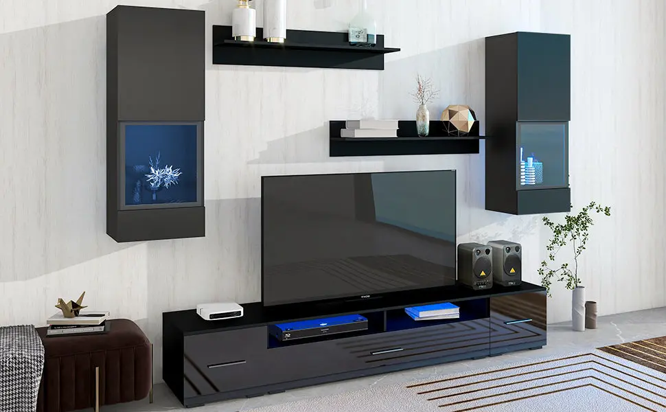 Minimalist Style 7 Piece Floating TV Stand Set High Gloss Finish Media Console on-trend