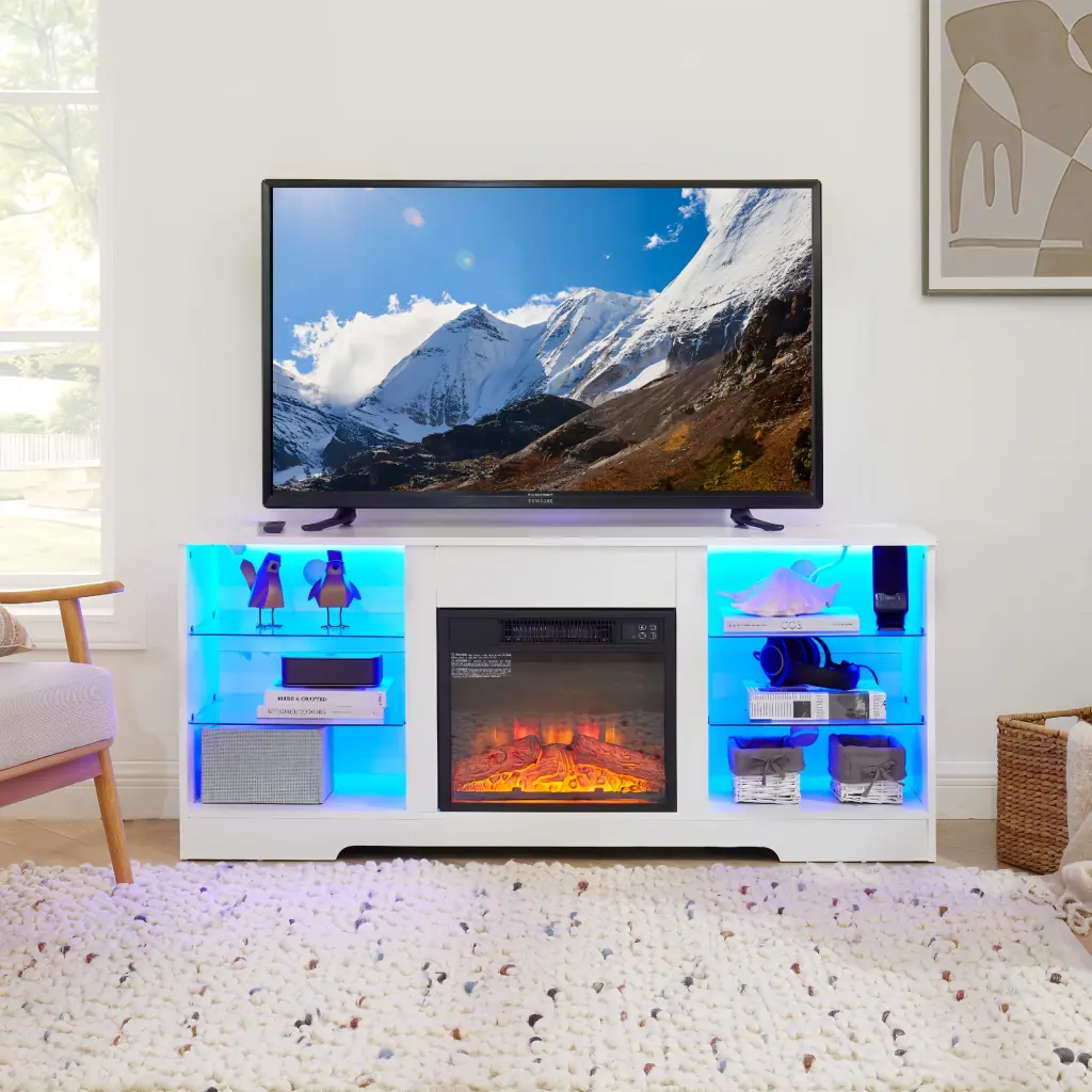 TV Stand Electric Fireplace and Glass Shelves 3D Flame Effect rnb