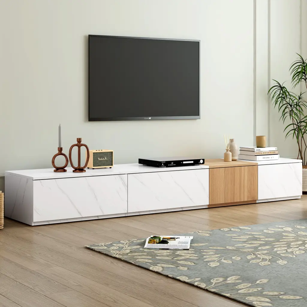 TV Stand Faux Marble and Walnut Wood Grain Finish TVs Up to 80 Inches rnb