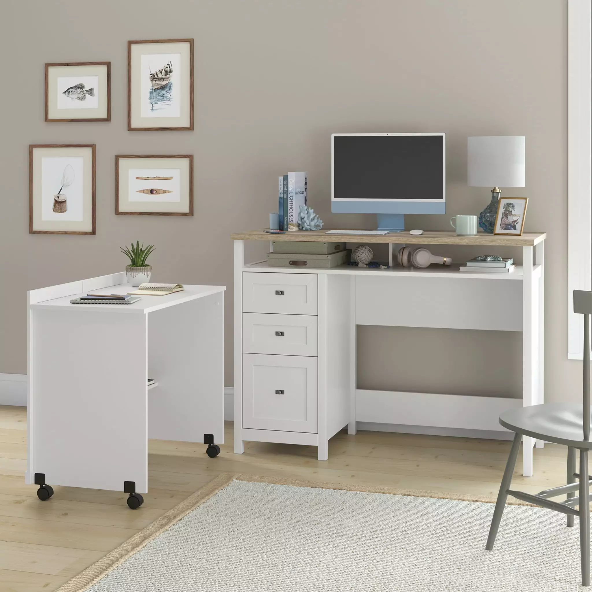 Sauder Cottage Road TV Credenza Hidden Pull-Out Desk White Finish Multi-Functional Furniture