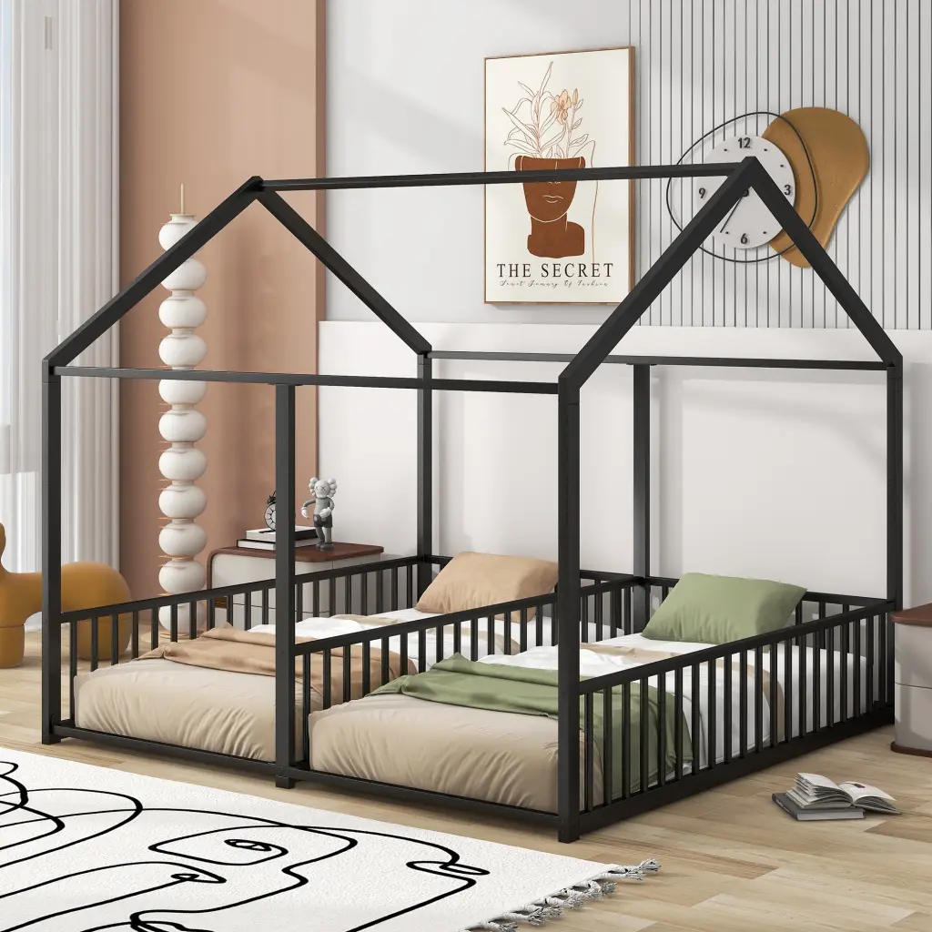 Metal Twin Size Platform Beds Two Shared Beds Black Box Spring Alternative wm store
