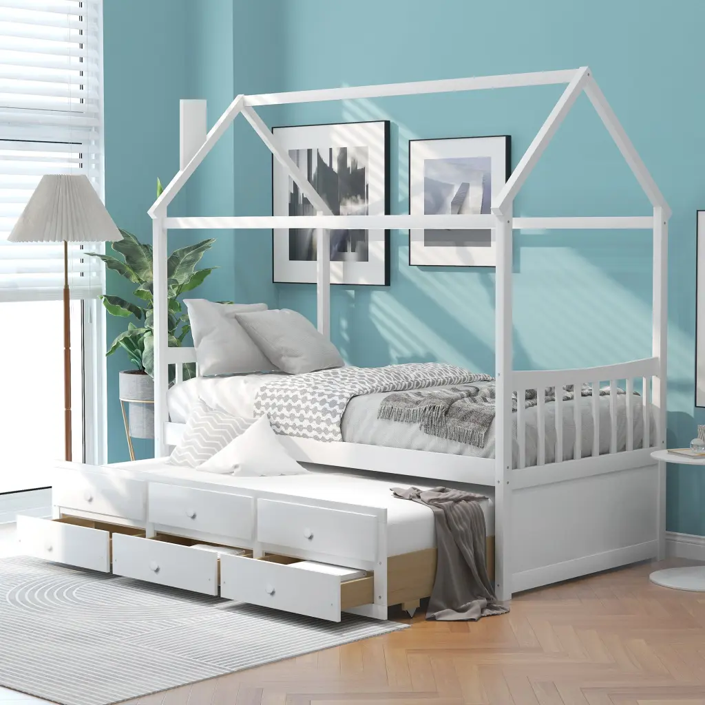 Twin Size Wooden Houtilize Bed Trundle and 3 Storage Drawers White lucky furniture
