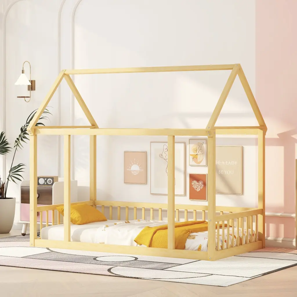 Twin Size Floor Wooden Bed Houtilize Roof Frame and Safety Guardrails Kids Bed bonwell