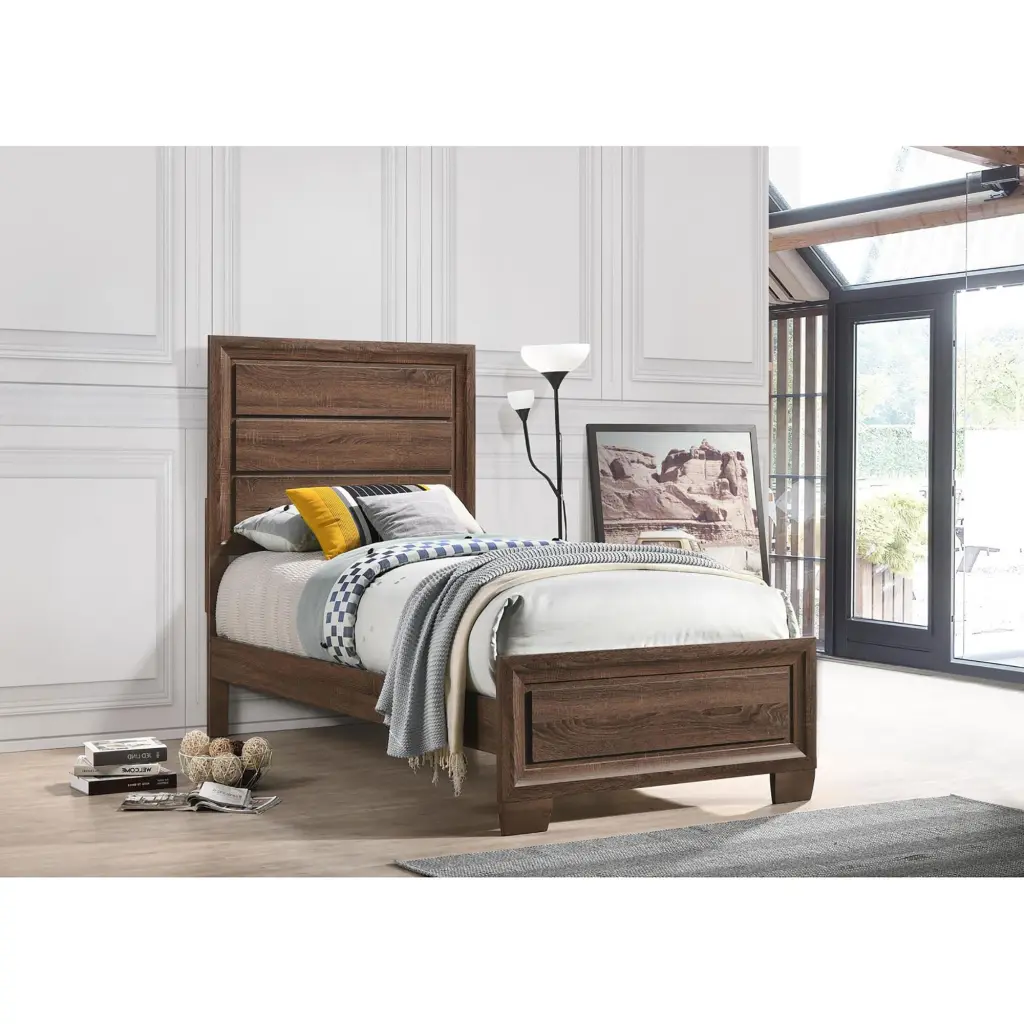 Medium Warm Brown Twin Panel Bed Box Spring Required Twin Brown Wood Bed furniture max