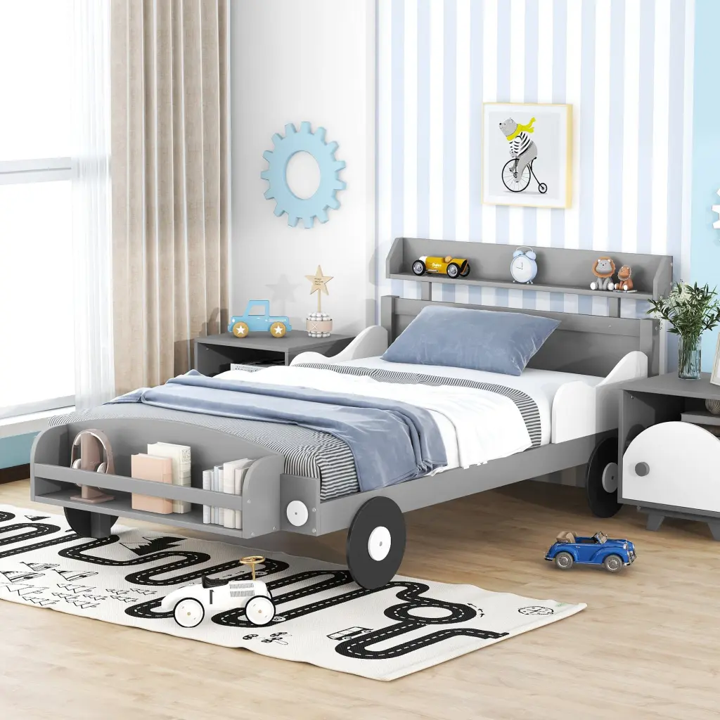 Twin Size Car Influenced Platform Bed Storage Shelf Bedroom Kids Room homey life