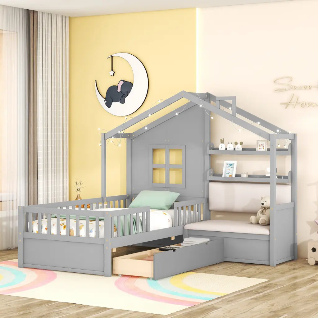 Twin Size Houtilize Bed Sofa Kids Platform Bed Two Drawers homey life