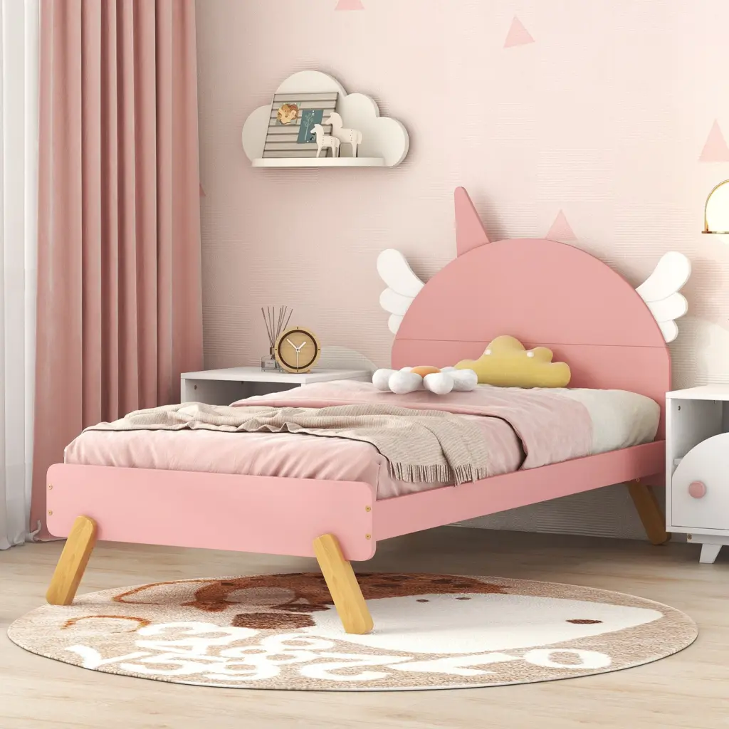 Wooden Cute Twin Size Platform Bed Unicorn Headboard homey life