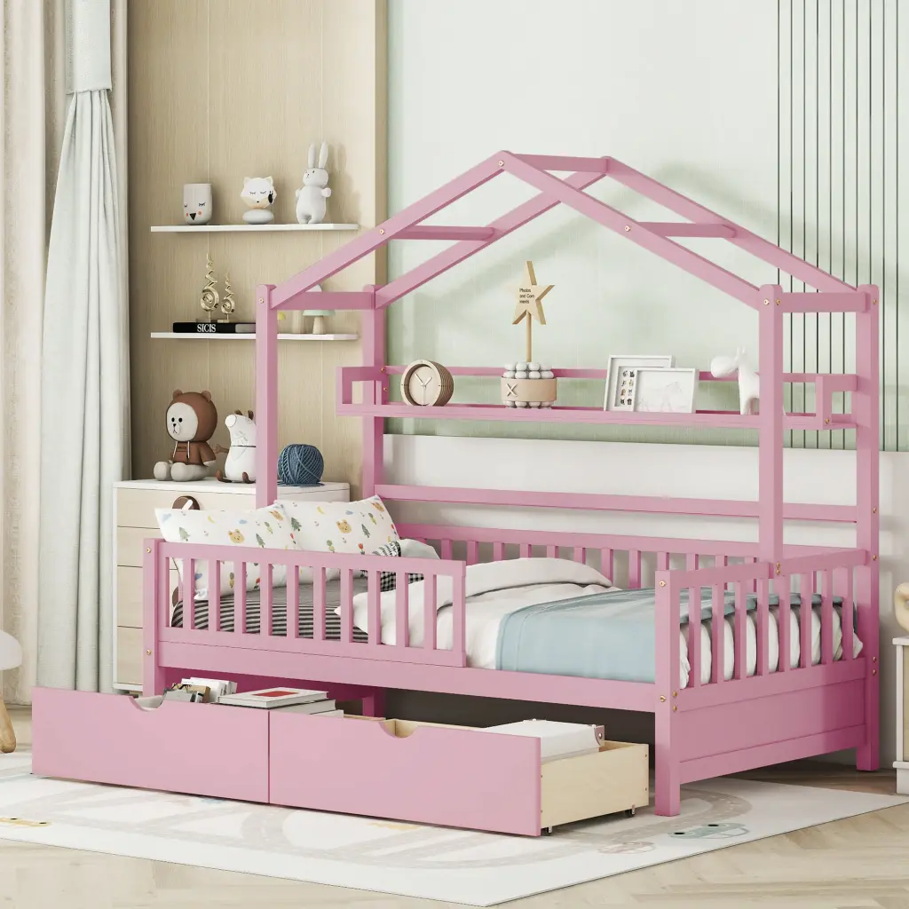 Wooden Twin Size Houtilize Bed 2 Drawers Kids Bed Storage Shelf homey life