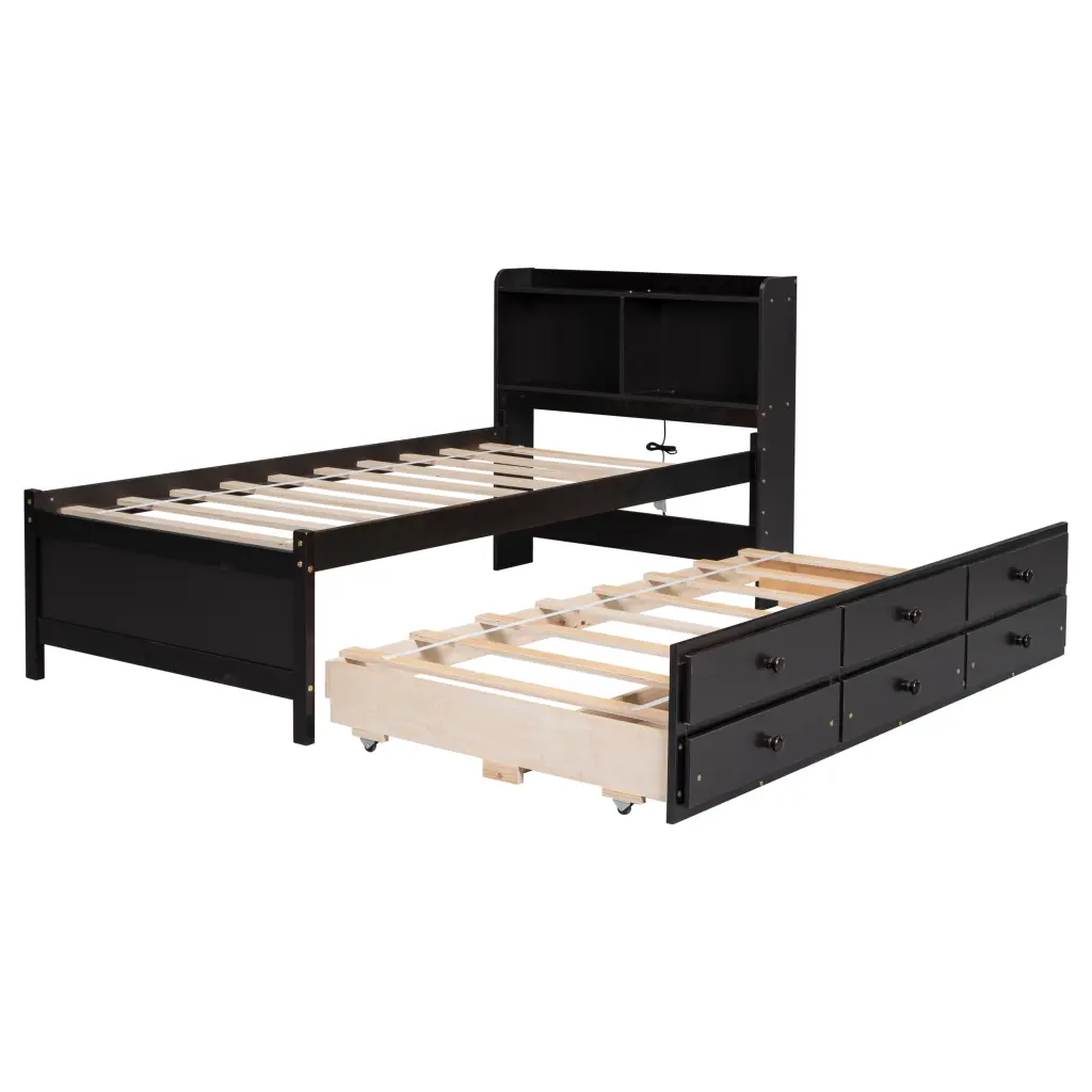 Twin Size Bed Built USB Ports LED Light Bookcase Headboard Modern Design inspirit