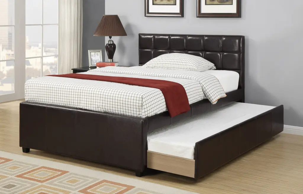 Twin Size Bed Trundle Slats Espresso Faux Leather Plywood Kids Youth kanepe