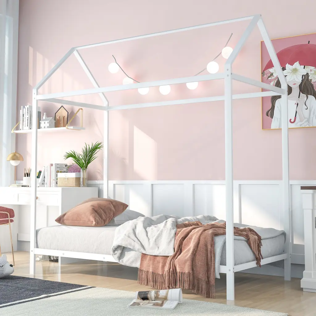 Houtilize Twin Size Kids Bed Frame Metal Platform Floor Bed Ladder lucky furniture