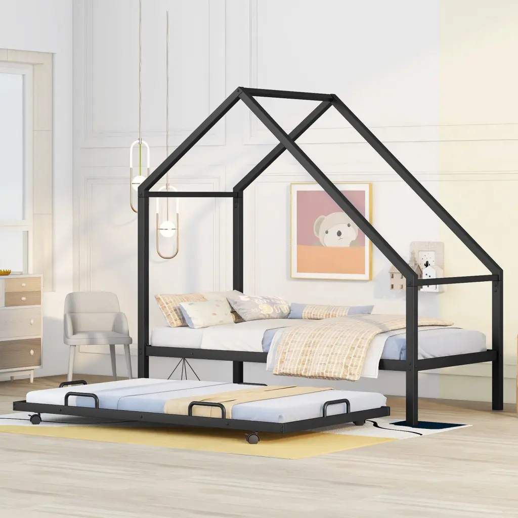 Metal House Bed Trundle Twin Size Black Metal Frame lucky furniture