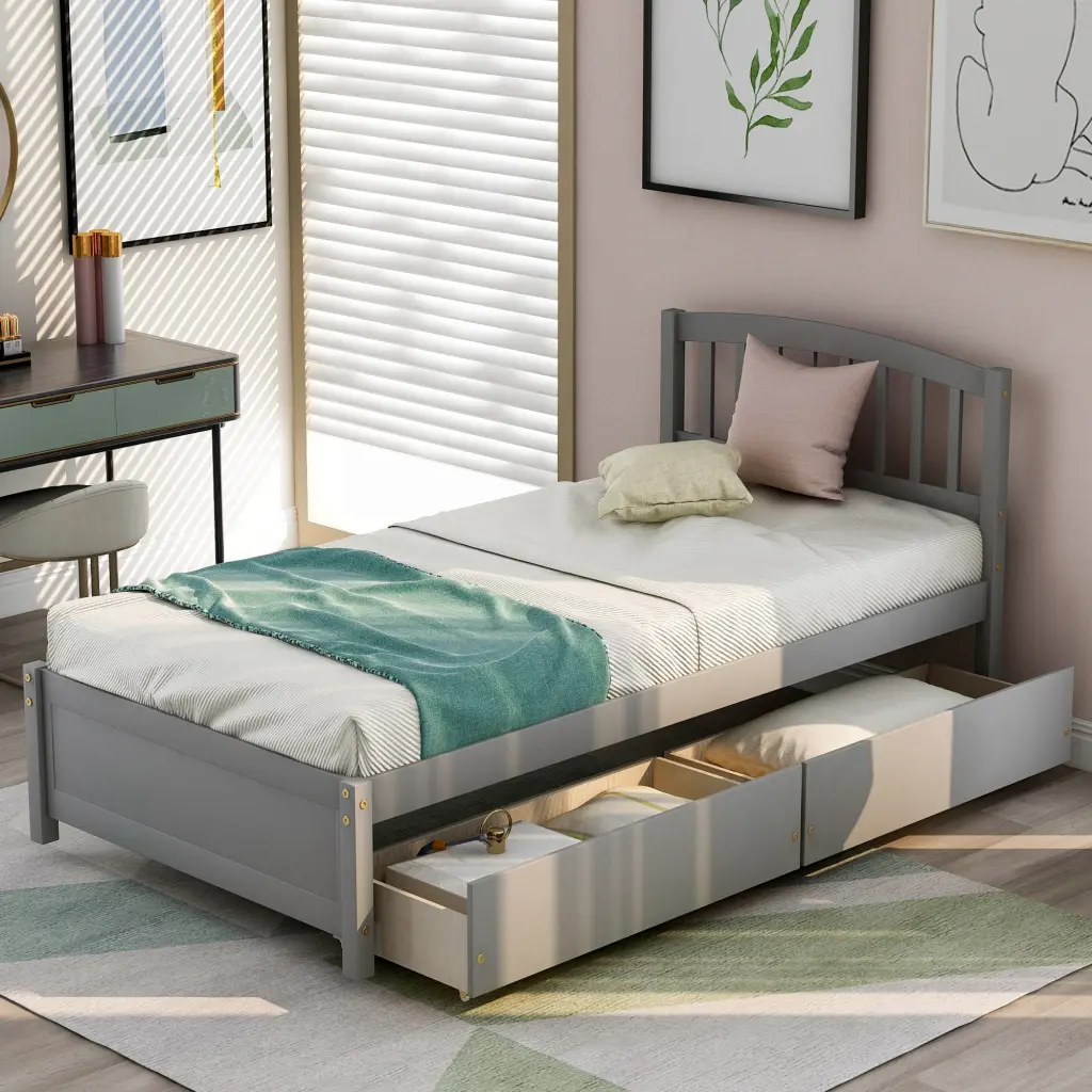 Twin Platform Storage Bed Wood Bed Frame Two Drawers And Headboard lucky furniture