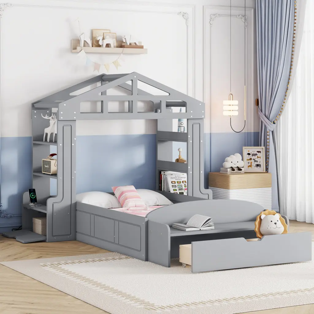 Twin Size Houtilize Bed Bench Socket And Shelves Gray Solid Wood lucky furniture