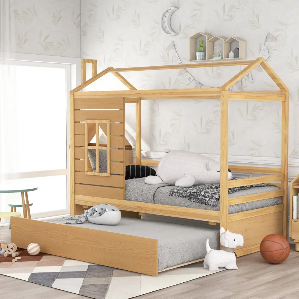 Twin Size Houtilize Bed Wood Bed Twin Size Trundle Natural Finish lucky furniture