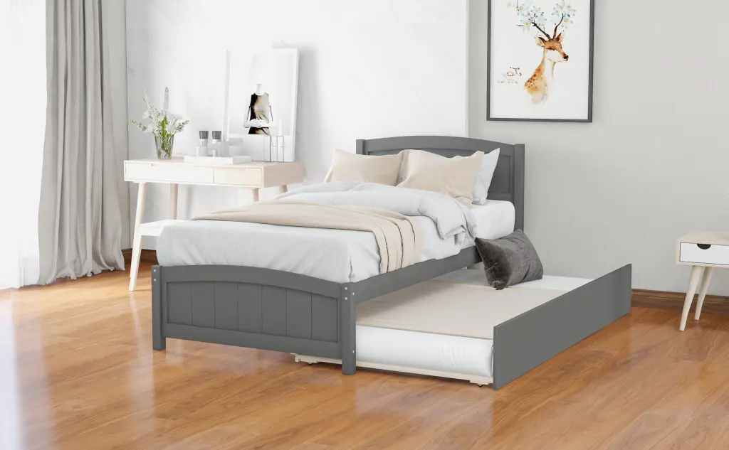 Twin Size Platform Bed Trundle Gray Solid Wood Space Saving Kids Bedroom Furniture lucky furniture
