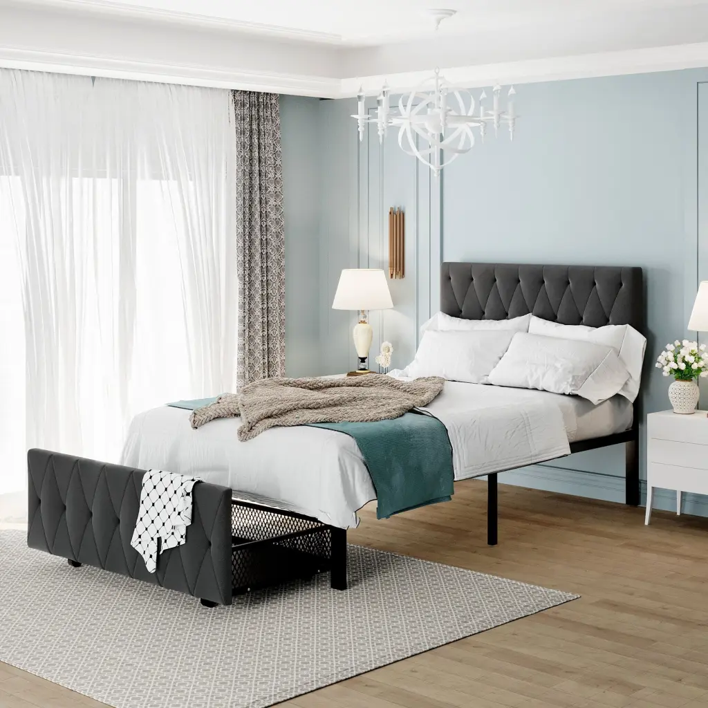 Twin Size Storage Bed Metal Platform Bed Big Drawer Gray Modern Bed Frame lucky furniture