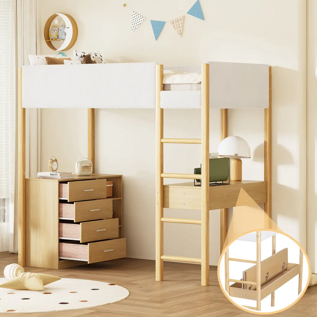 Twin Size Teddy Fleeceloft Bed Natural Wood Bed Frame Soft Headboard lucky furniture