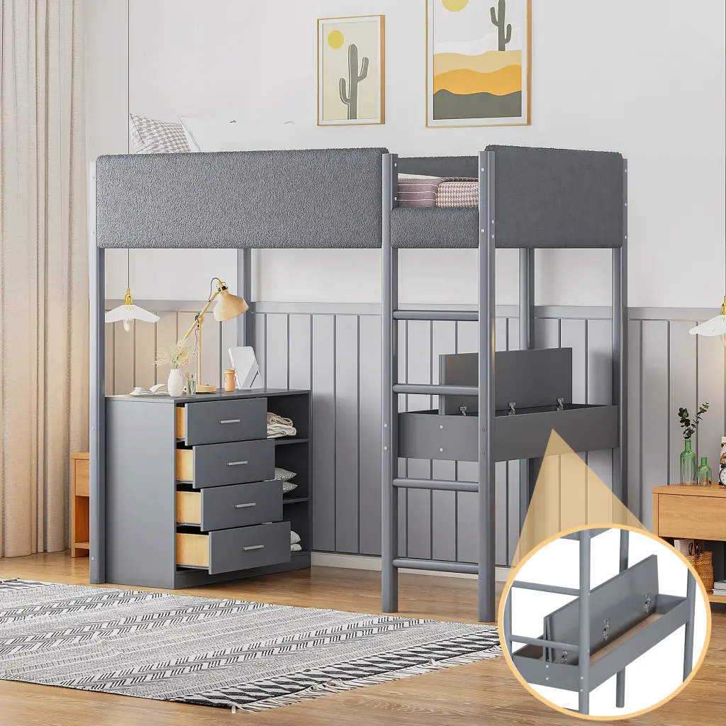 Twin Size Teddy Fleeceloft Bed Wood Frame Gray Fleece Upholstery lucky furniture