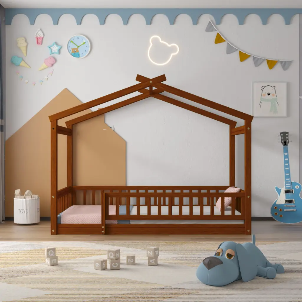 Twin Size Wood Bed Frame Fence Kids Teens Girls lucky furniture