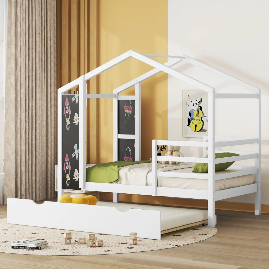 Twin Size Wood House Bed Fence and Writing Board White Solid Wood lucky furniture