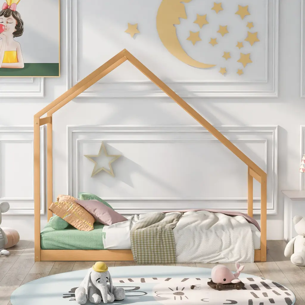 Twin Size Wooden Houtilize Bed Natural Solid Wood Frame lucky furniture