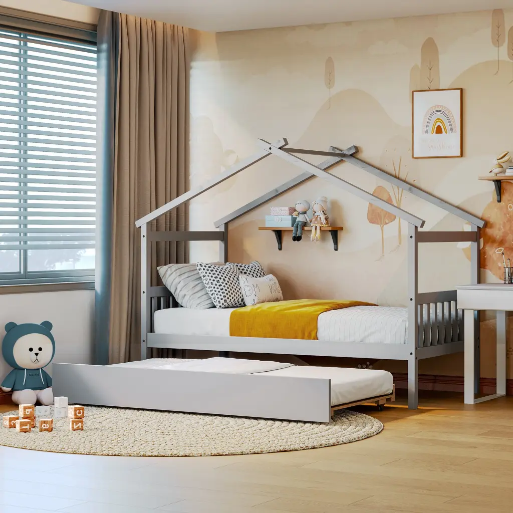 Twin Size Wooden Houtilize Bed Twin Size Trundle Gray Solid Wood Space Saving Bed Frame lucky furniture