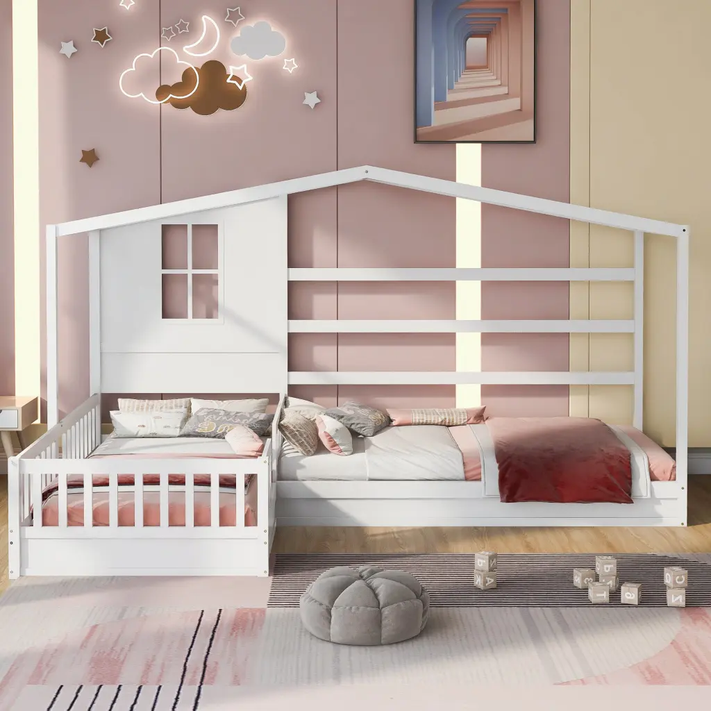 Wood Houtilize Bed Twin Size Solid L Structure Fence lucky furniture
