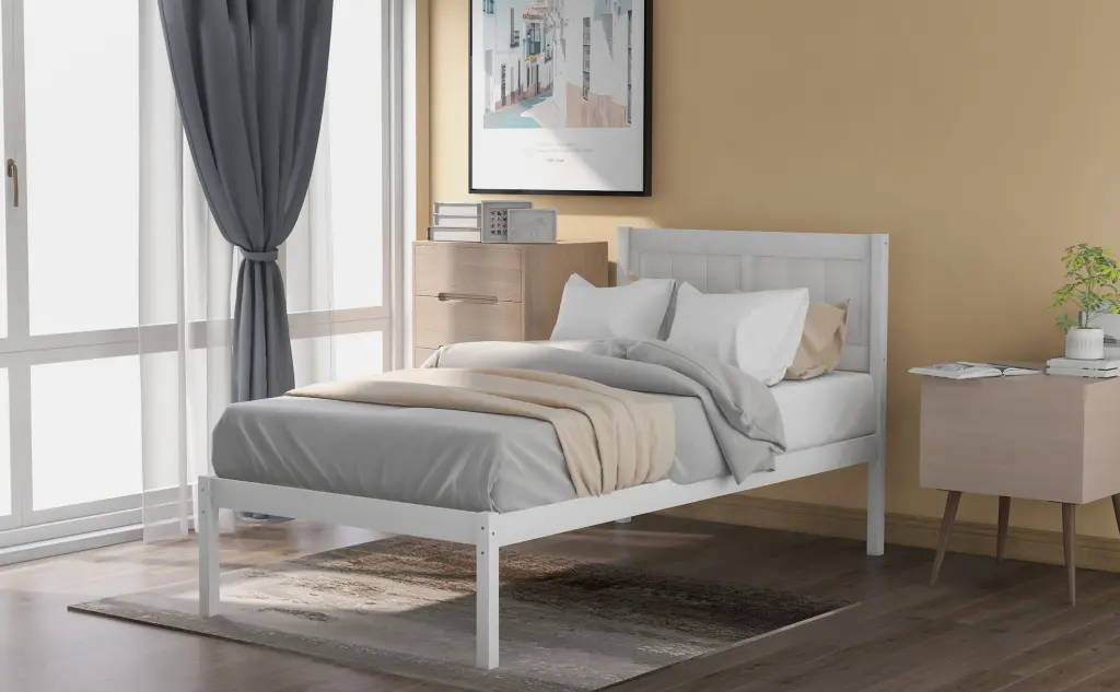 Wood Platform Bed Twin Size Headboard White Solid Wood lucky furniture