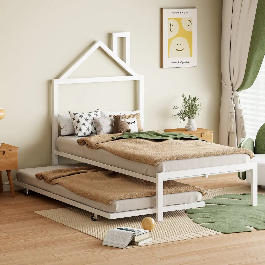 Twin Size Metal Platform Bed Trundle Houtilize Influenced Headboard lucky world