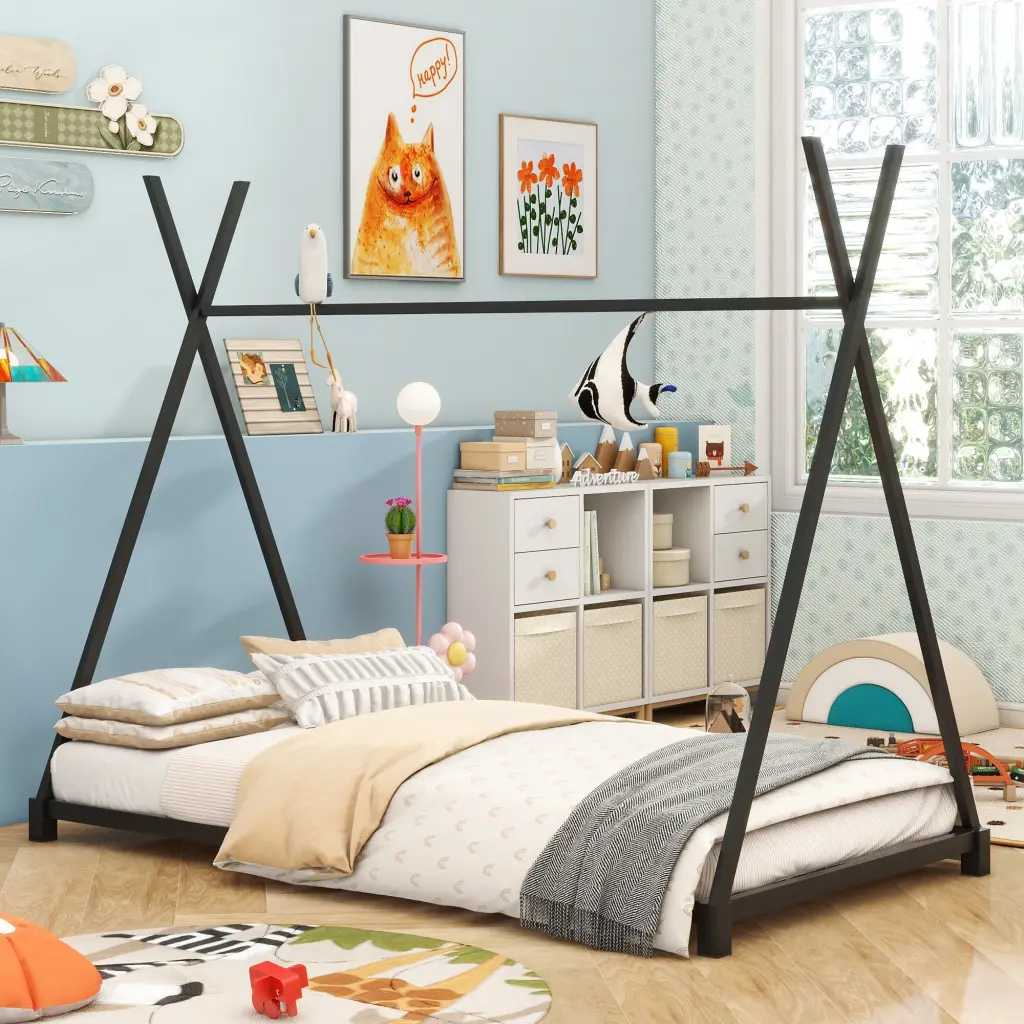 Metal Twin Size Platform Bed Triangle Structure Black Box Frame wm store