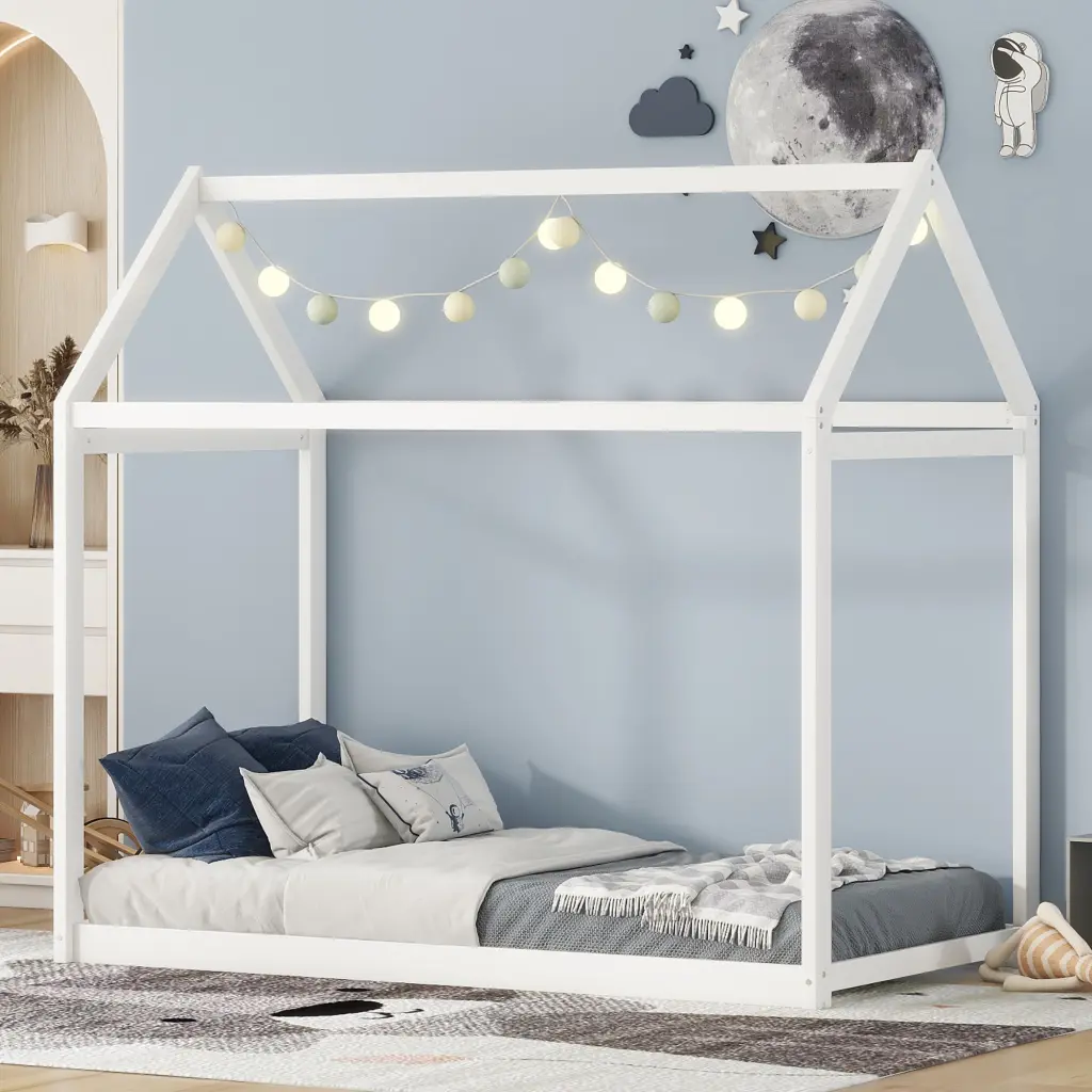 Twin Size White Wooden Platform Bed Frame No Box Spring Needed wm store