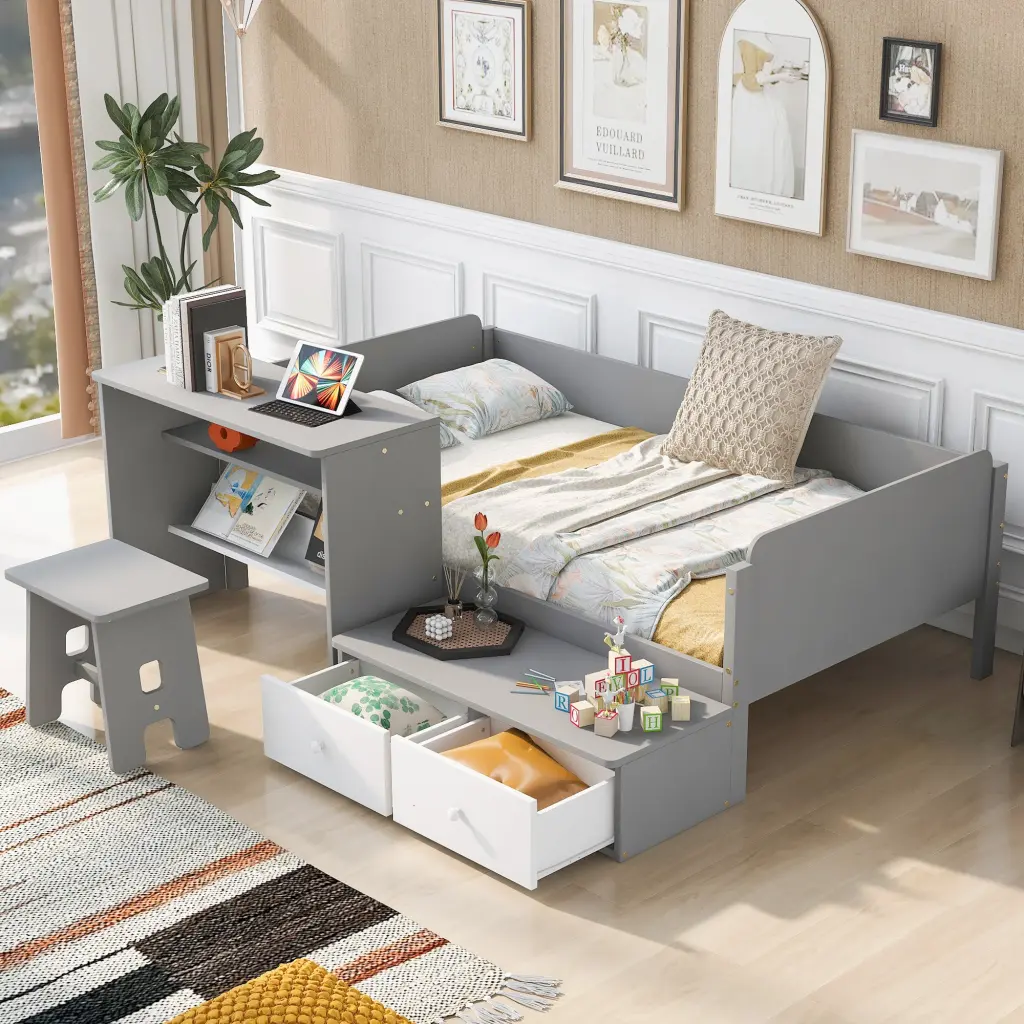 Wood Twin Size Platform Bed 2 Drawers and 1 Chair & Desk Set Gray wm store