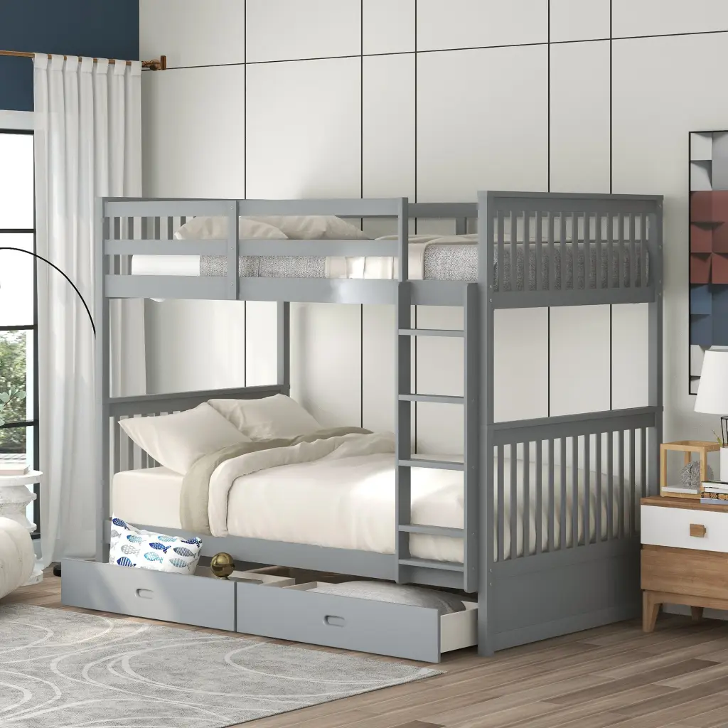 Twin Over Twin Bunk Bed Ladders and Two Storage Drawers Gray lucky furniture