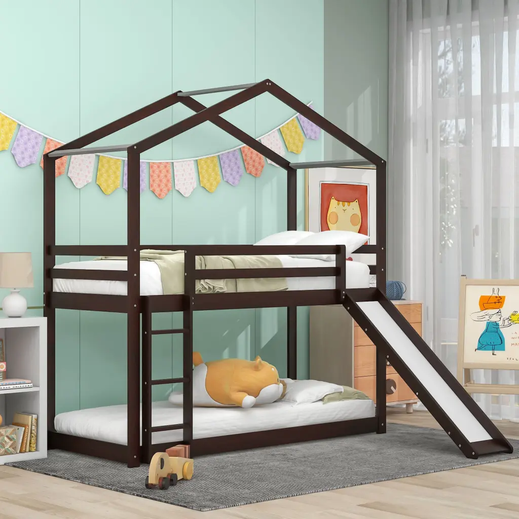 Twin Over Twin Bunk Bed Roof Slide and Ladder Espresso Finish lucky furniture
